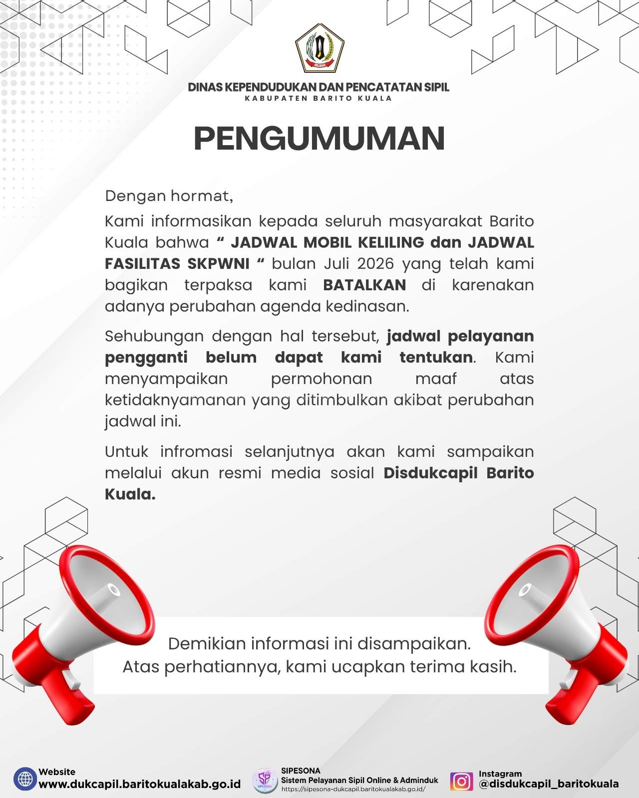 Agenda Kedinasan Berubah, Jadwal Mobil Keliling dan Fasilitas SKPWNI Disdukcapil Barito Kuala Bulan Juli 2026 Dibatalkan!